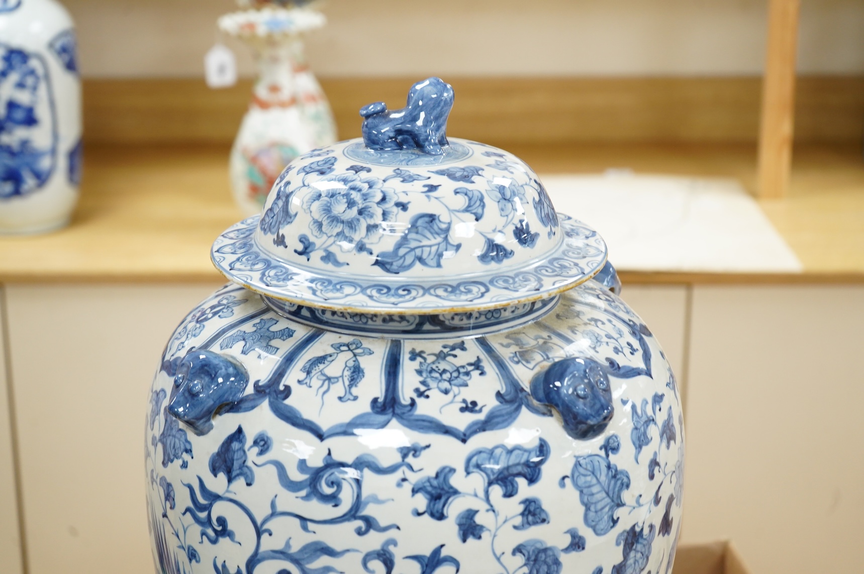 A large Chinese blue and white baluster vase and cover, 62cm high